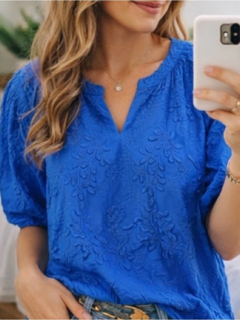 Cupio Royal Blue Embroidered V-Neck Blouse